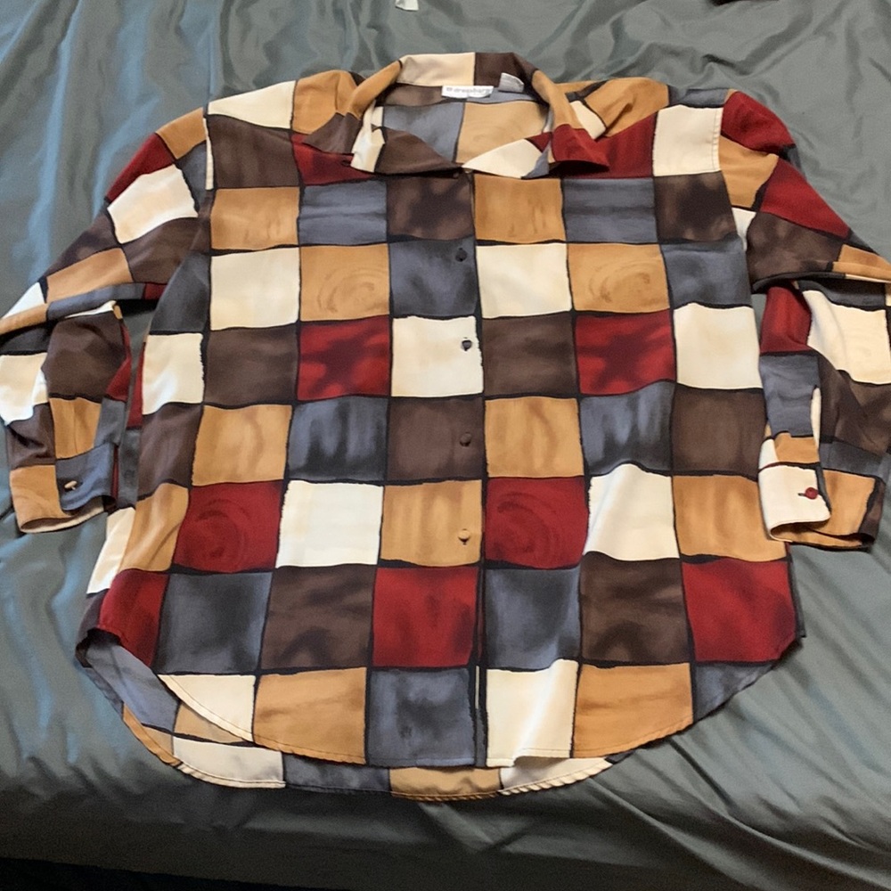 Vintage square pattern Dressbarn Women button down long sleeve top